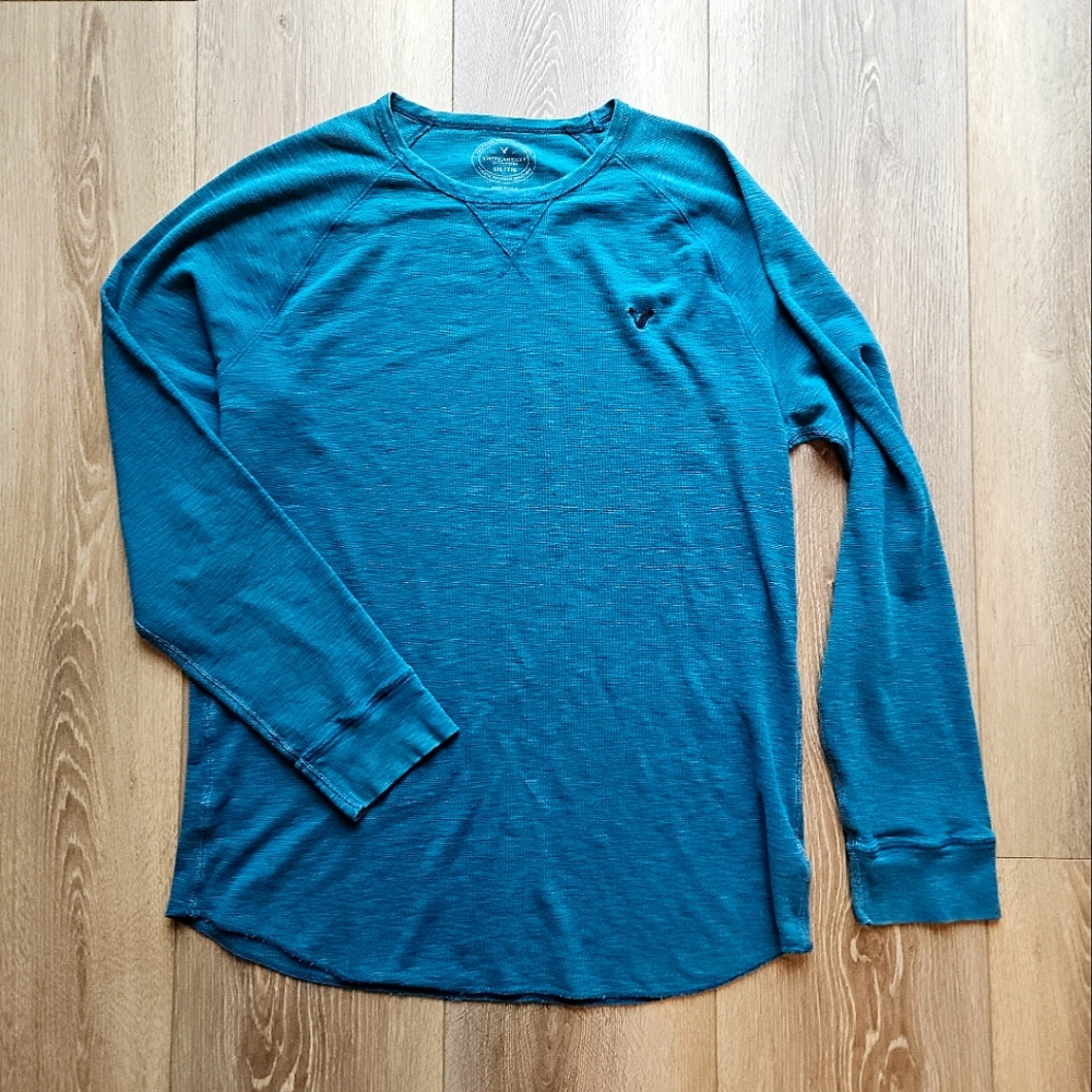 Men's American Eagle Crew Neck Teal Blue Green Thermal Long Sleeve Tee Shirt Top